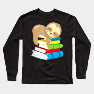 Baby Sloth Sleeping On Books Cute Bookworm Long Sleeve T-Shirt